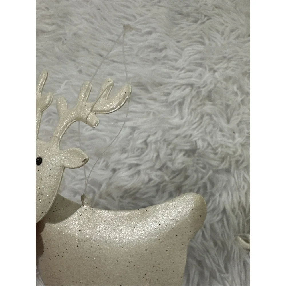 Vintage Pier 1 White Glitter Reindeer Bobble Head Red And White Dangle Legs